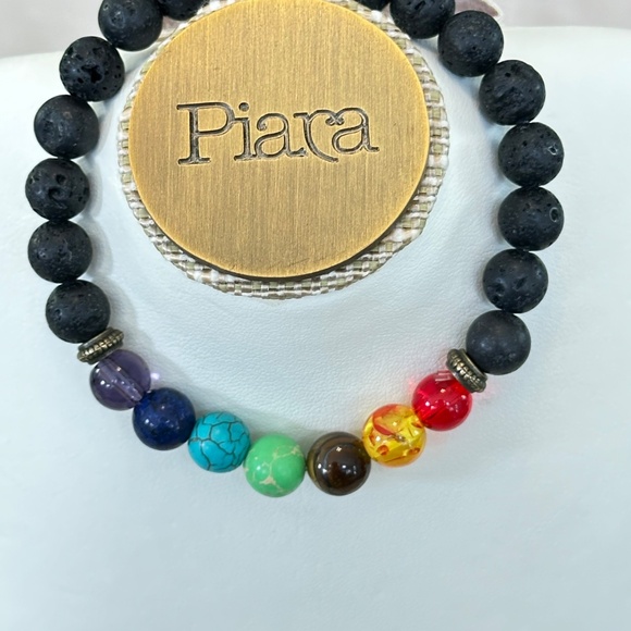 Multicolor 7 stone chakra stretchy bracelet w/black lava stones - Picture 6 of 15